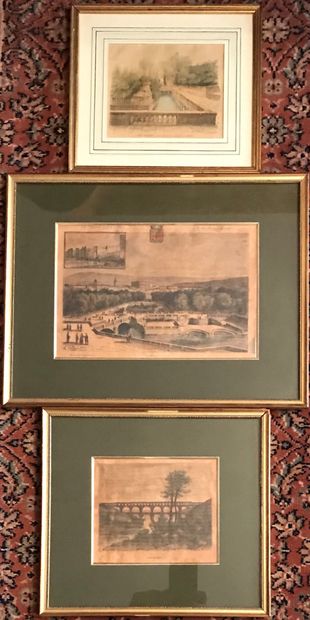 Trois gravures en couleur : VUES DE NÎMES...