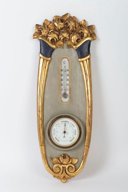 Baromètre thermomètre en bois peint gris,...