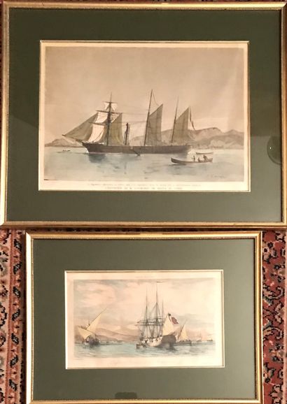 
Trois gravures en couleur à sujet de voilier....