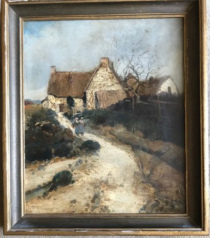 G. BRAGDENS : PAYSAGE AVEC CHAUMIÈRE ET DEUX...