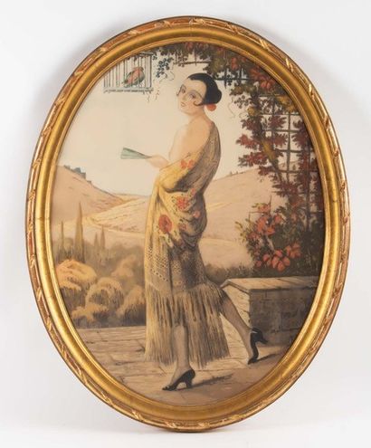 Gravure ovale en couleur : ESPAGNOLE AU CHÂLE...