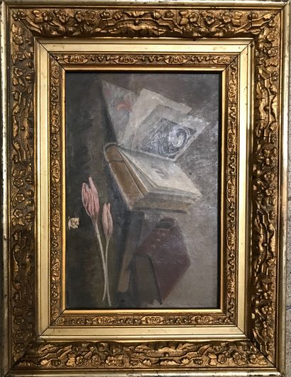 C. ROULLIN : NATURE MORTE AUX LIVRES. 

Huile...