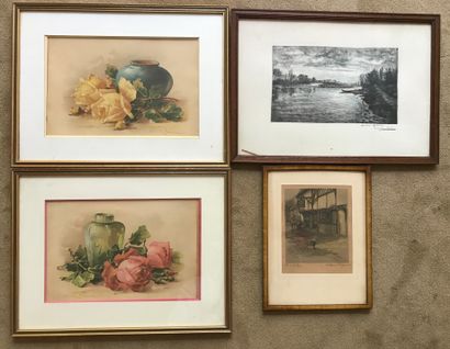 Lot de quatre gravures : 

- PAYSAGE, signée...