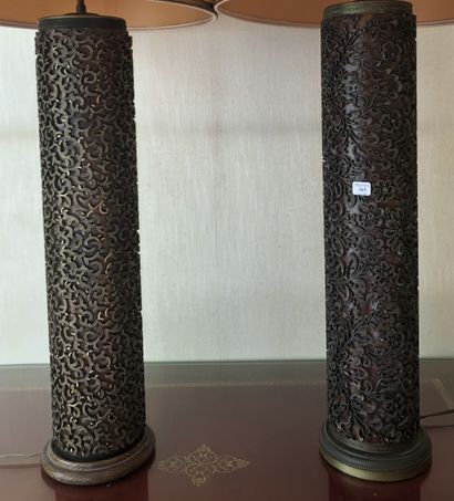 Deux rouleaux d'impression en bois et bronze,...