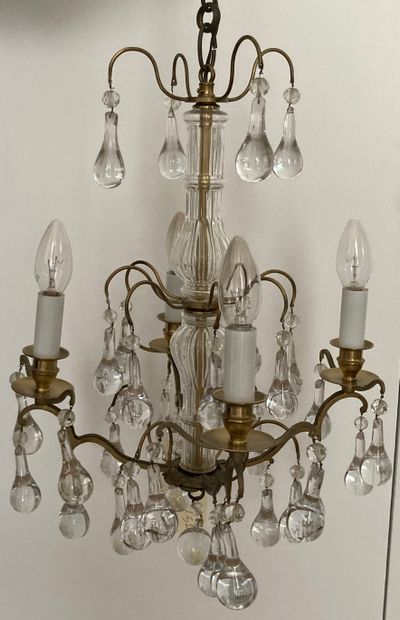 Small chandelier, the brass frame with four...