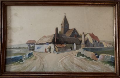 École MODERNE : HAMEAU À L'ÉGLISE. 

Aquarelle,...