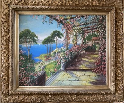 J. GIRARD : PERGOLA FLEURIE EN BORD DE LAC....