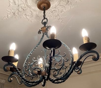 
Small wrought iron twisted chandelier, green...
