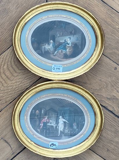 Paire de petites gravures galantes en couleur,...