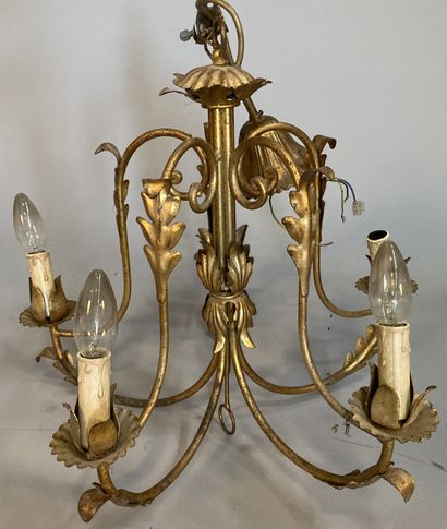 A small metal and gilded sheet metal chandelier...