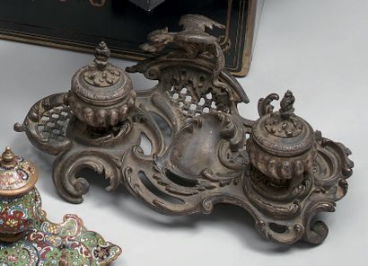 Inkwell in patinated silver bronze. The two...
