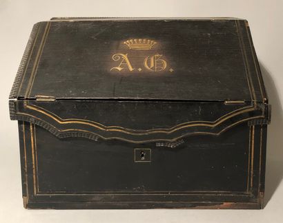 Mail box in blackened wood inlaid with brass...
