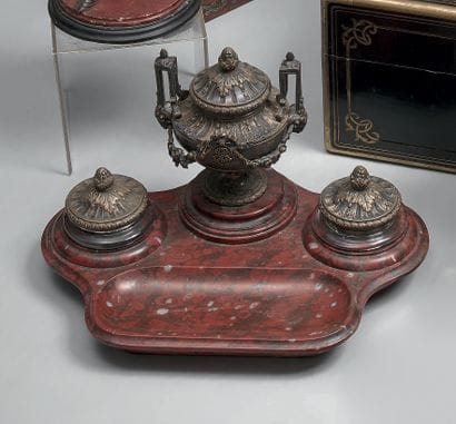 A silvered bronze inkwell with three reservoirs...