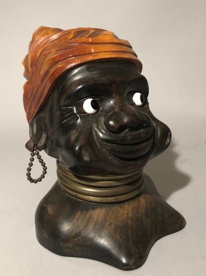 Tobacco pot in polychrome carved wood, representing...