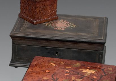 Blackened wood writing case inlaid with brass...