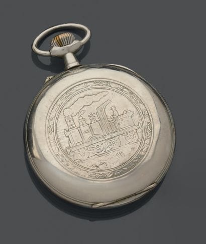 Steel railway pocket watch, white enamel...