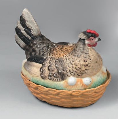Polychrome biscuit egg dish with a grey hen...