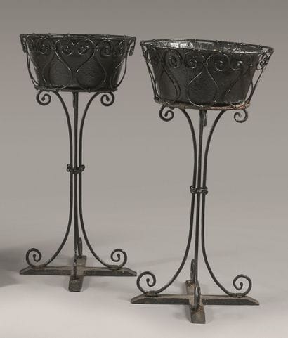 Pair of planters in black lacquered iron,...