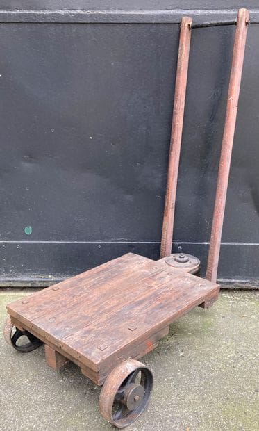 Factory cart in steel and natural wood, the...