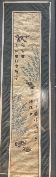 Set of three embroidered silk panels: one...
