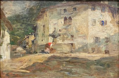 SCATIOT ? : VILLAGE SQUARE WITH PEASANT WOMAN...