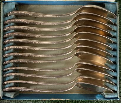 Twelve small spoons in silver plated metal...
