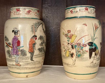 JAPAN. Pair of earthenware vases, with humorous...