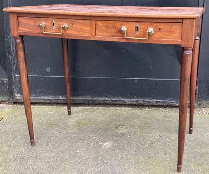 Small desk in fruitwood and mahogany, the...