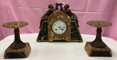 Yellow and black marble mantelpiece and regule,...