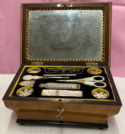 Sewing box in light wood speckled and blackened...