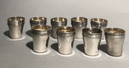 Nine mismatched silver (925) liqueur goblets,...