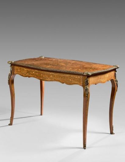 Flat desk made of veneer and marquetry, the...