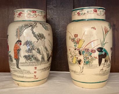 JAPAN. Pair of earthenware vases, with humorous...