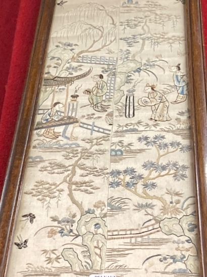 Set of three embroidered silk panels: one...