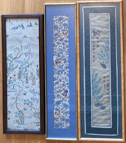 Set of three embroidered silk panels: one...