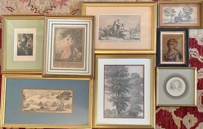 
Set of nine framed pieces: engravings, etchings,...