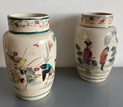 JAPAN. Pair of earthenware vases, with humorous...