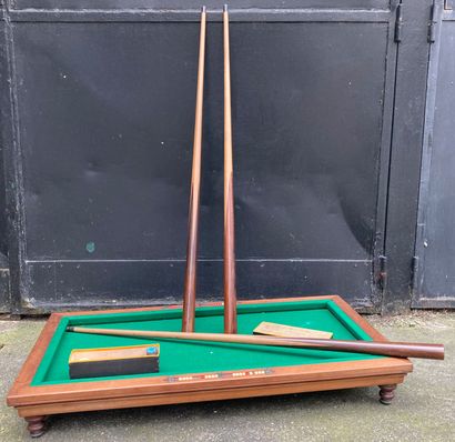 Small mahogany billiard table, the long sides...