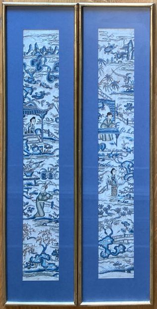 Pair of panels in chenille embroidered silk...