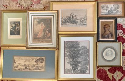 
Set of nine framed pieces: engravings, etchings,...