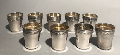 Nine mismatched silver (925) liqueur goblets,...