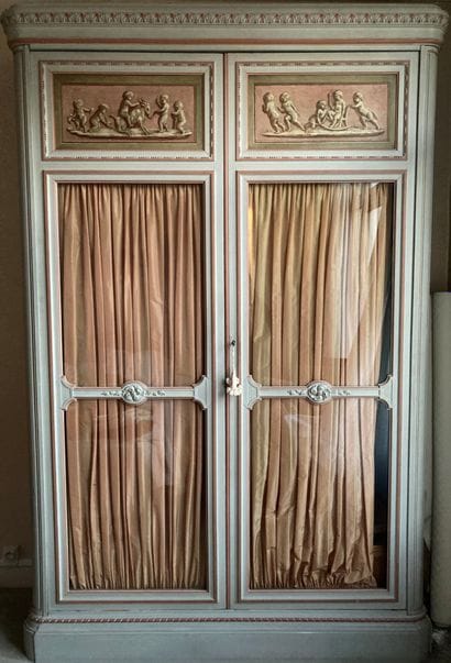 Cabinet in grey relacquered wood, molded...