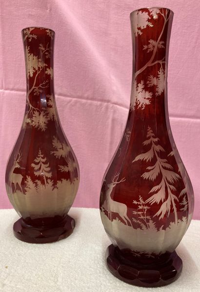 Pair of high necked vases, in red Bohemian...