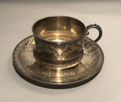 Silver cup and saucer (925), decorated with...