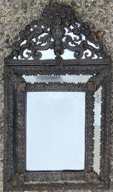 Small mirror with patinated brass frame,...