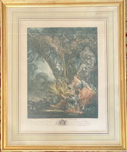 Three prints of engravings in colors, after...