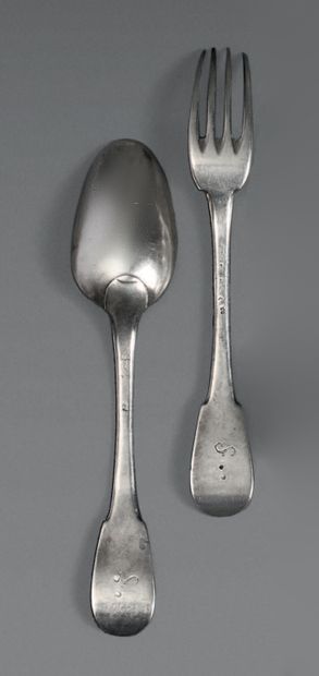 A silver fork and spoon, plain model, engraved...