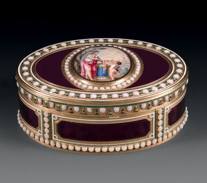 Gold and polychrome enamel oval snuffbox,...