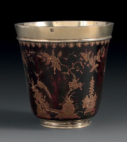 Goblet in vermeil with lacquer decoration,...
