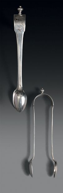 Two silver sugar tongs, button model, the...